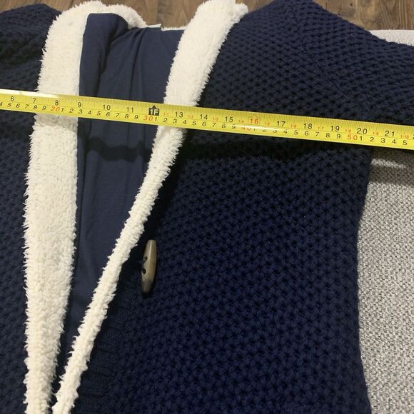 LL Bean Knit Cardigan Shearling Sherpa Lined Navy Blue Hooded Long - Large - Picture 14 of 16